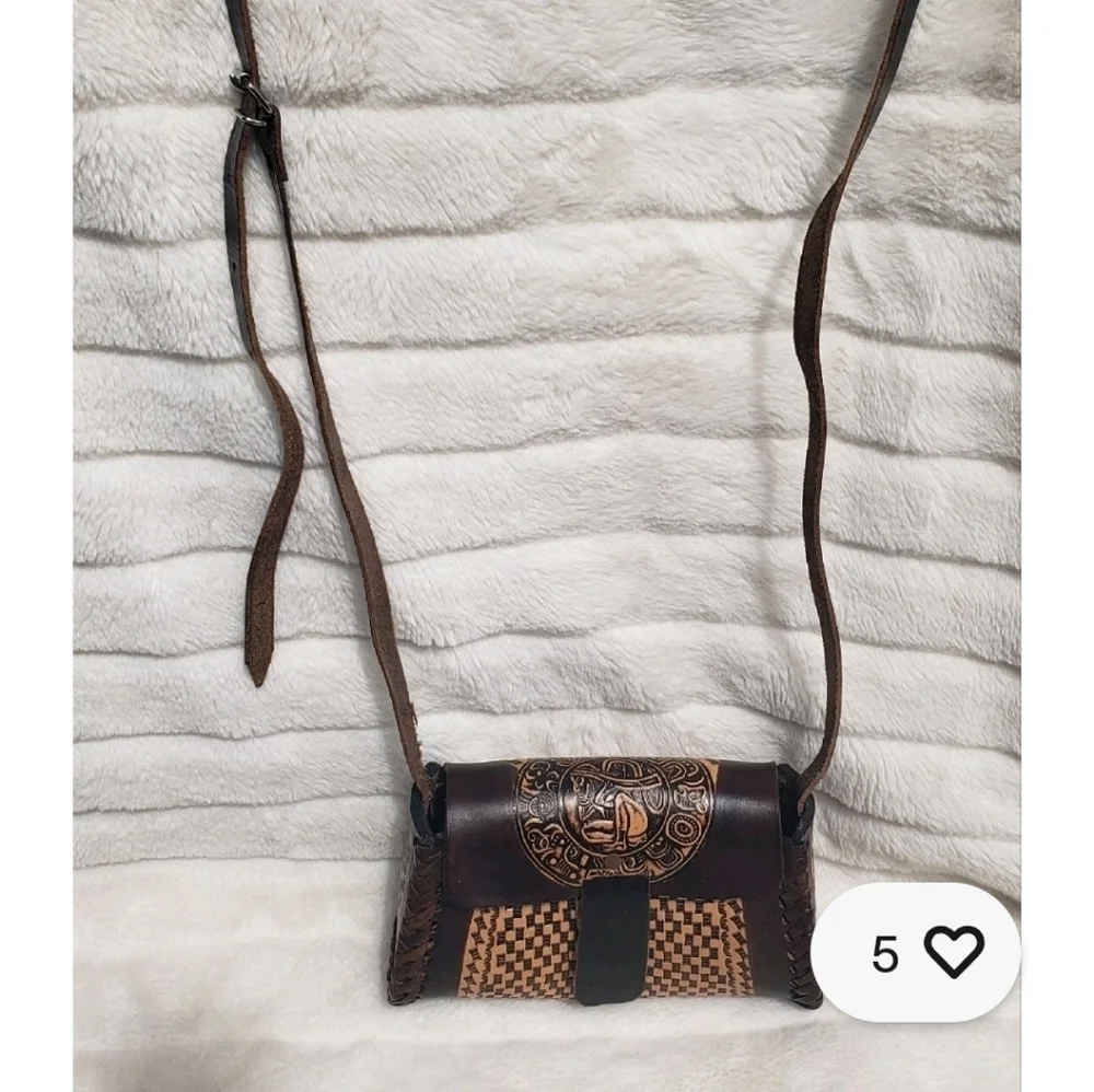Genuine Leather Hand Tooled Mexican Crossbody Handbag Purse Adjustable Strap